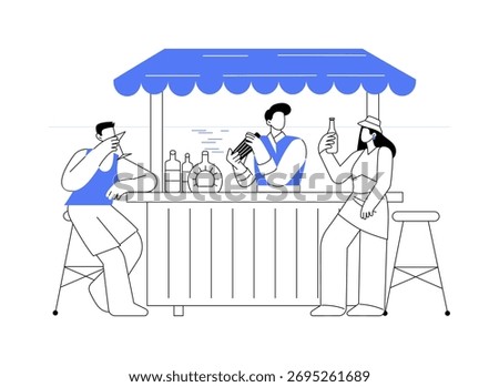 Beach bar isolated cartoon vector illustrations. Smiling man in sunglasses drinks beer on the beach, summer vacation time, travelling and relaxation mood, tropical holidays vector cartoon.