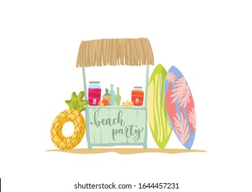 Beach bar. Isolated colorful vector vacation tiki bar on white background. Summer card, poster, template. Vector illustration.