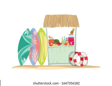 Beach bar. Isolated colorful vector vacation tiki bar on white background. Summer card, poster, template. Vector illustration.