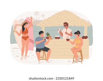 Ilustración vectorial de la barra de playa aislada. Servicio de club de playa, receta de cócteles tropicales, bar abierto, restaurante costero, comida y bebida, bocadillos saludables, concepto vectorial de resort de verano.