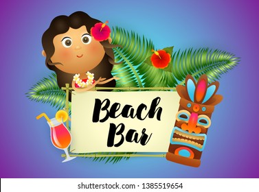Beach Bar lettering with aborigine woman, cocktail and tiki mask. Tourism, summer, holiday design. Handwritten and typed text, calligraphy. For leaflets, brochures, invitations, posters or banners.