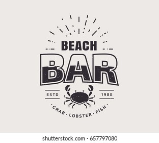 Beach bar logo isolated on white background. Seafood retro emblem with crab icon. Typographic badge template. Vector illustration.