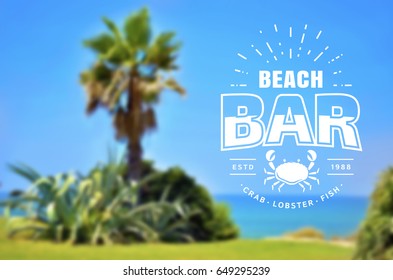 Beach bar logo on blurred background. Seafood concept emblem with crab icon. Typographic badge template. Vector banner.