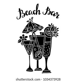 Beach bar logo. Tropical cocktails. Black silhouette. Hand drawn isolated on white background. Beach bar lettering, handwriting