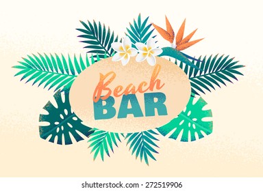 Beach bar menu design element. Label with palm leaves, plumeria and strelitzia flowers. Retro vector illustration