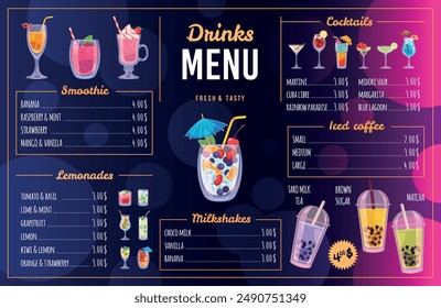 Beach bar menu design. Summer tropical cold drinks assortment, fruits and berries cocktails, tasty fresh beverages, bubble tea and matcha, typography design for cafe, tidy vector concept