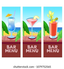Beach bar menu vector design template with place for text. Cosmopolitan, blue coconut, bloody mary cocktails on wooden bar counter. Summer tropical background.