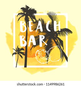 Beach Bar modern calligraphy sign with hand drawn coconuts. Summer restaurant design with flat palm trees on bright colorful watercolor background. Vivid cheerful optimistic summertime  design. Vector