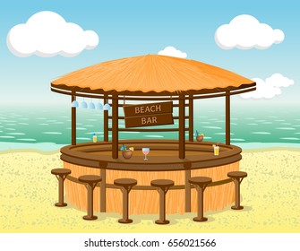 Beach bar on the coastline. Vector illustration.