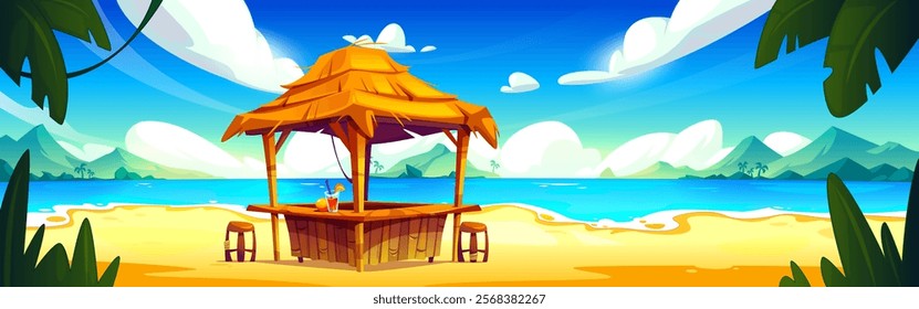 Beach bar on sandy coast against summer seascape background. Vector cartoon illustration of bamboo house with straw roof, tropical cocktail, exotic palm trees and mountains, summer relax on island