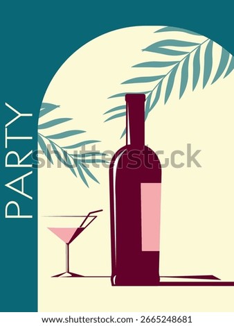 Beach bar, open air party, alcohol bottle, glass, shadows, palm trees. Vector flat design banner of restaurant, drink, strong alcohol, red wine, liqueur, booze, drunkenness, tropics