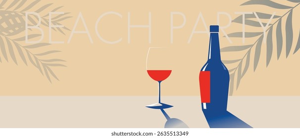 Beach bar, party, palm trees, red wine bottle, glass. Restaurant poster design, wine list, drinks, merlot, chardonnay, cabernet