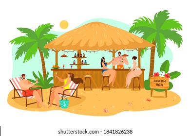 Beach bar, people at vacation drink cocktail at summer nature sand vector illustration. Cartoon tourism travel at flat sea paradise design. Man woman at tropical party background, palm at seaside.