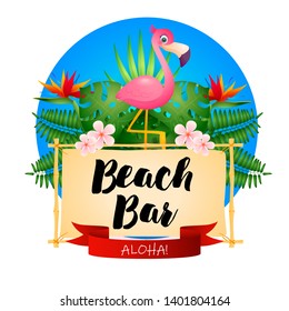 Beach bar poster design. Cartoon pink flamingo, signboard, tropical leaves and flowers on blue background. Vector illustration can be used for banners, flyers, menu