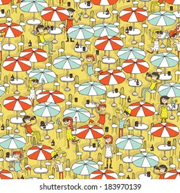 Beach bar seamless pattern with doodled youngsters having fun. Illustration is in eps8 vector mode, background on separate layer. 