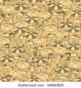 Beach bar seamless pattern with doodled youngsters having fun. Illustration is in eps8 vector mode, background on separate layer. 
