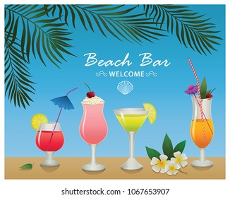 Beach bar. Set of alcohol drinks and cocktails. For menu, poster, banner and other design.