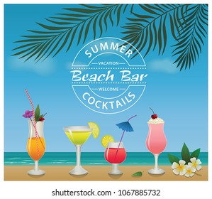 Beach bar. Set of alcohol drinks and cocktails. For menu, poster, banner and other design.
