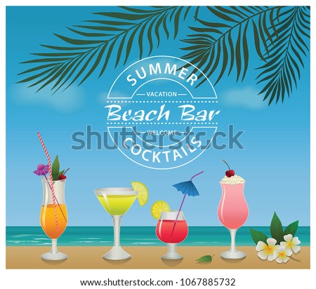 Beach bar. Set of alcohol drinks and cocktails. For menu, poster, banner and other design.
