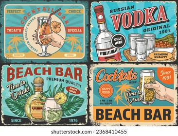 Beach bar set posters colorful with alcoholic cocktails for summer parties by sea and bottle vodka with snacks vector illustration