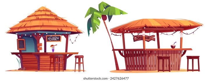 Beach bar shacks with straw roof, wooden stools, palm tree with coconut and cocktail drinks on counter. Cartoon vector illustration set of tropical tiki cafe on sand island for hawaiian vacation.