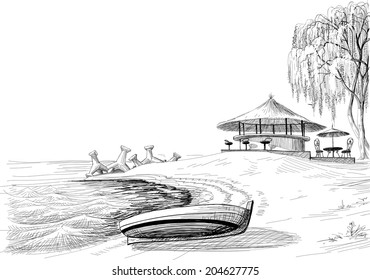 Beach Bar Sketch, Boat On Shore Vector Sketch