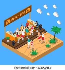 Beach bar in southern country isometric composition with bartenders at bar counter and  resting people vector illustration  