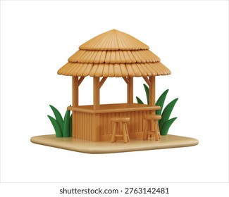 Beach Bar or Beach stall icon 3d render concept of summer vacation beach tiki bar with straw roof icon vector illustration
