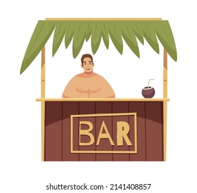 Beach bar stall with smiling seller on white background flat vector illustration