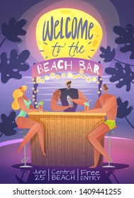 Beach bar summer poster with couple, bartender on the night of expressive background sea of moonlight chill out party invitation illustration. Vector