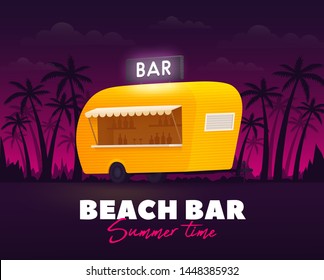 Beach bar, summer time. Bar trailer outdoor. Beach truck. Yellow truck. Vector illustration