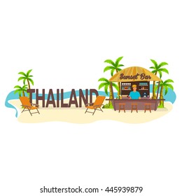 Beach Bar. Thailand. Travel. Palm, drink, summer, lounge chair, tropical.