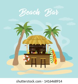 Beach bar in tropical style design. Cartoon bar bungalow on the ocean coast,flat vector illustration