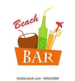 Beach bar vector flat illustration. Cold drinks for summer vacations set. Juice, coconut milk, cocktail, soda, isolated on white background. Refreshing coolness concept design.