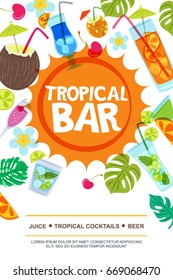 Beach bar vector menu or flyer layout. Sun, palm leaves and cocktails doodle illustration. Summer design for banner, flyer, invitation.