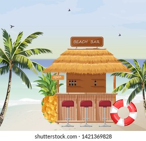 Beach bar Vector. Summer tropic seaside. Wooden house template icon