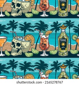 Beach bar vintage colorful pattern seamless alcohol and cocktails with ice on counter near sea tequila with skulls vector illustration