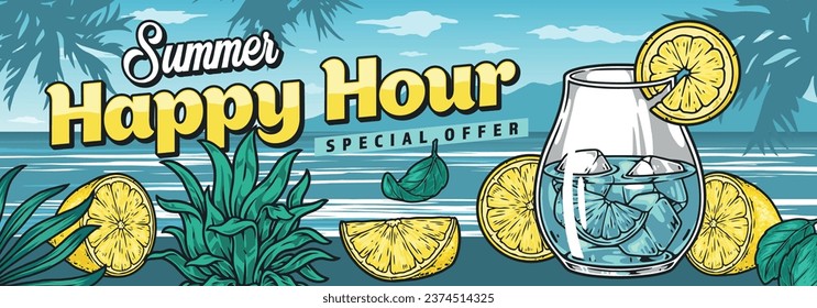 Volante vintage de bar de playa colorido con cóctel con hielo y limón cerca del mar e inscripción ilustración de vector hora feliz de verano