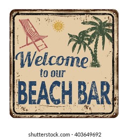 Beach Bar Vintage Rusty Metal Sign On A White Background, Vector Illustration