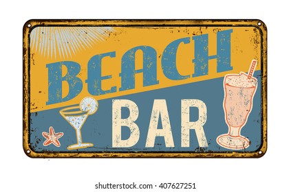 Beach bar vintage rusty metal sign on a white background, vector illustration