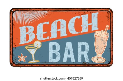Beach bar vintage rusty metal sign on a white background, vector illustration