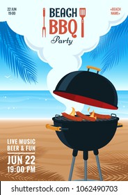 Beach barbecue party invitation. Summer BBQ party flyer. Grill illustration on the background of the beach. Design for flyer, menu, poster, announcement. Vector eps 10.