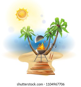 Beach barbecue party. Sunny day: Barbecue and utensils on a sunny beach day. Vector image