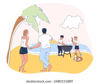 Beach barbeque concept. Man and woman near kids with bbq in tropical and exotic countries. Happy couple at picnic. Family spending time together at coastline. Linear flat vector illustration