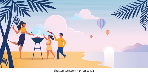 Beach Barbeque, Picnic Flat Vector Illustration. Little Children, Single Mother Cartoon Characters. Family Summer Trip, Barbecue On Sea Shore. Young Woman With Kids Cooking Delicious Meal