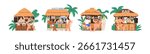Beach bars set. Tourists at exotic cocktail hut, tropical summer vacation. Beachside paradise resort with alcohol drinks, holiday beverage, palm. Flat vector illustration isolated on white background