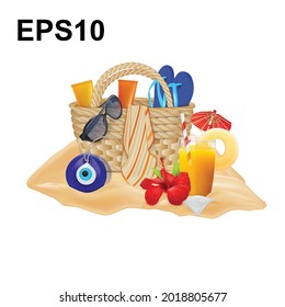 A beach basket with sunglasses, slippers, towel, tubes of cream. Vector illustration