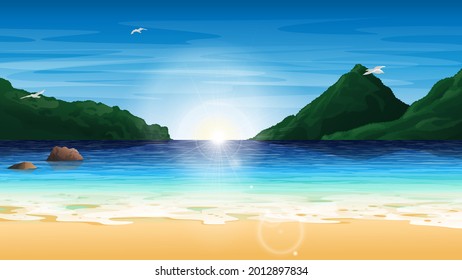 Beach bay landscape background with mountains, rocks and seagulls, at sunrise. Vector illustration