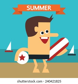 Beach with a beach bed, a boy and a boat, vector