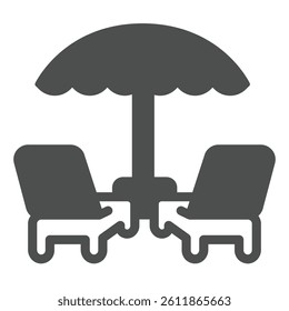 Beach beds with umbrella solid icon, swimming pool concept. Vector graphics. Umbrella for shadow and two chairs sign on white background, glyph style icon for mobile or web design